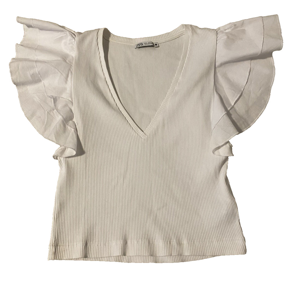 Zara Womens Ribbed Plunge Cropped Top Size M/L Fairy Ruffles Flutter Sleeves